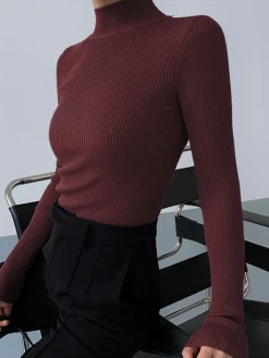 Mock Neck Rib Long Sleeve Knit Top