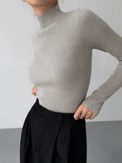 Mock Neck Rib Long Sleeve Knit Top