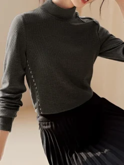 Mock Neck Ribbed Embroidered Trim T-Shirt