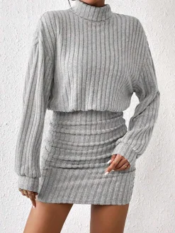 Mock Neck Ribbed Short Dress