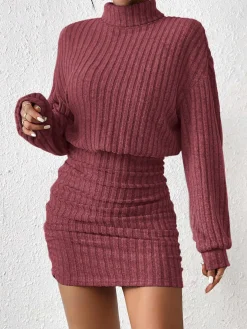 Mock Neck Ribbed Short Dress