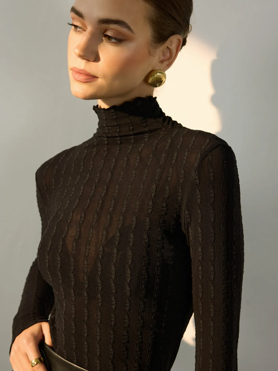 Mock Neck Semi-Sheer Slim Blouse