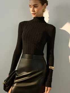 Mock Neck Semi-Sheer Slim Blouse