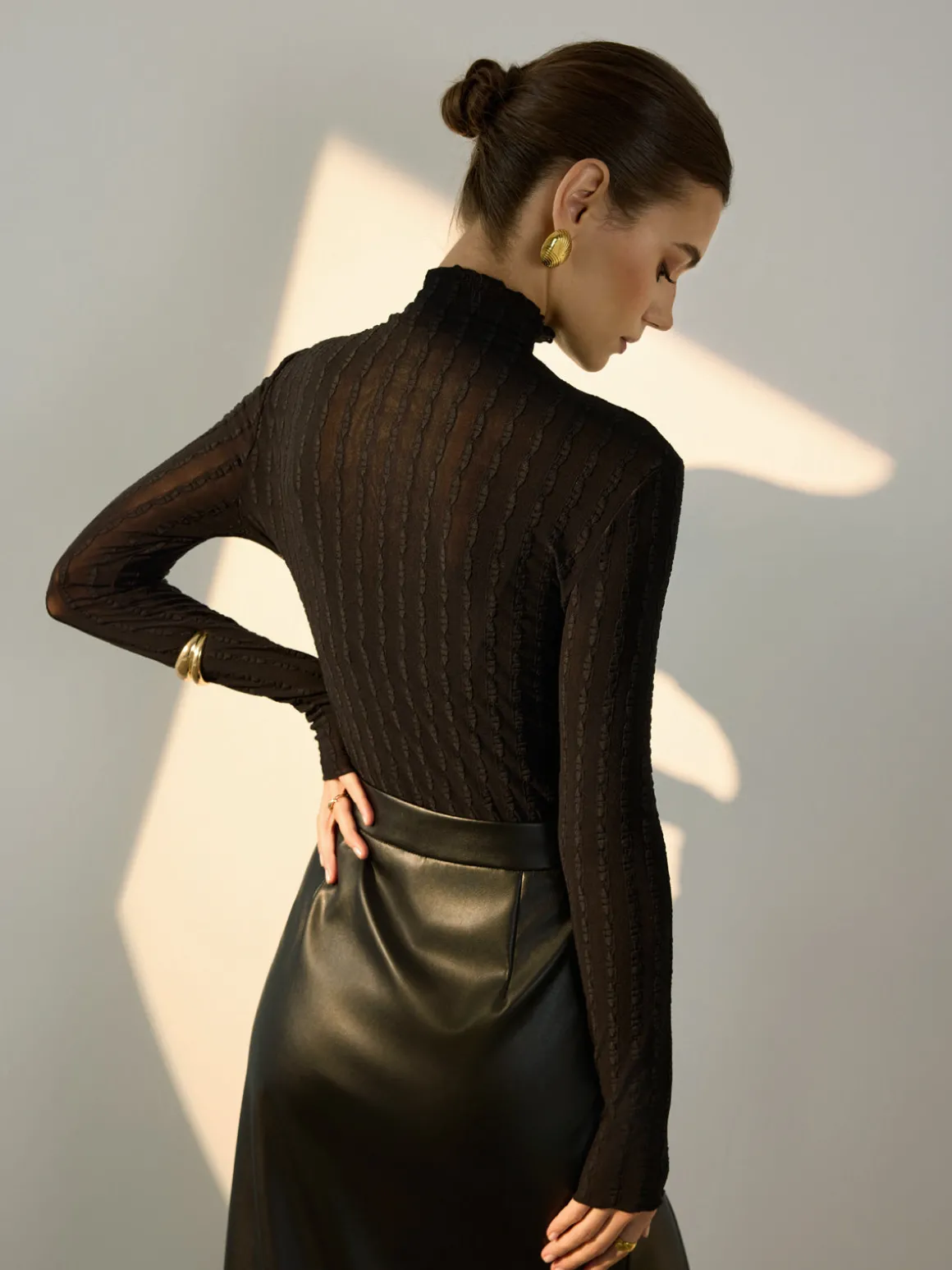 Mock Neck Semi-Sheer Slim Blouse