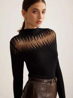 Mock Neck Sheer Panel Knit Top