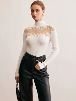 Mock Neck Sheer Panel Knit Top