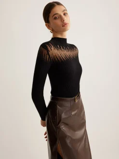 Mock Neck Sheer Panel Knit Top