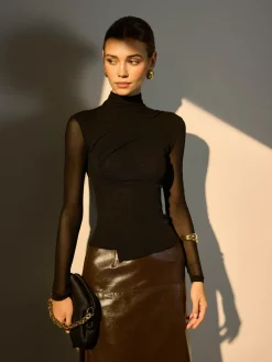 Mock Neck Sheer Sleeve Skinny Top