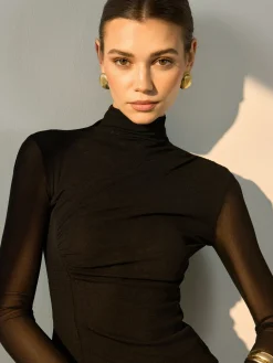 Mock Neck Sheer Sleeve Skinny Top