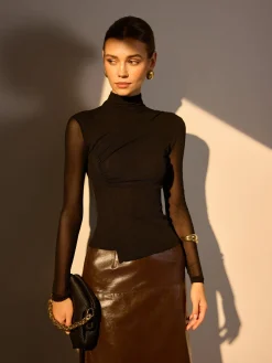 Mock Neck Sheer Sleeve Skinny Top