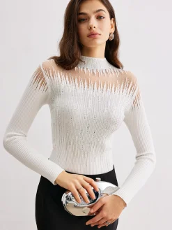 Mock Neck Sheer-Detail Knit Top