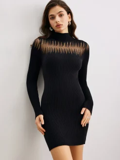 Mock Neck Sheer-Detail Slim Sweater Dress