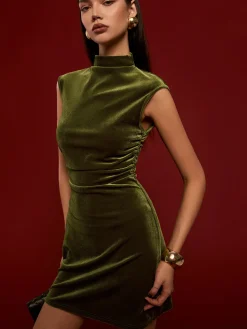 Mock Neck Sleeveless Velvet Dress