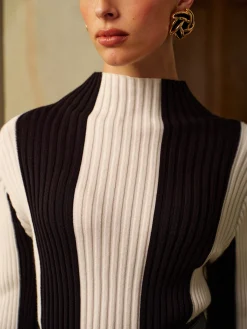 Mock Neck Two-Tone Pinstripe Ribbed Sweater