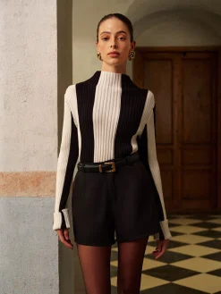 Mock Neck Two-Tone Pinstripe Ribbed Sweater