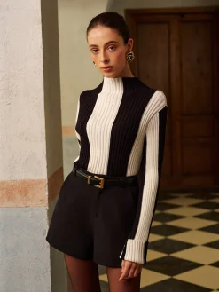 Mock Neck Two-Tone Pinstripe Ribbed Sweater