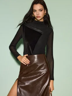 Mock Neck Velvet Mesh Slim Top