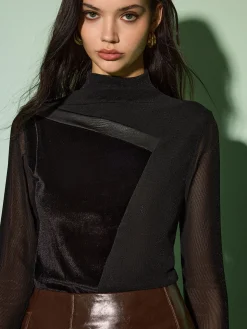 Mock Neck Velvet Mesh Slim Top
