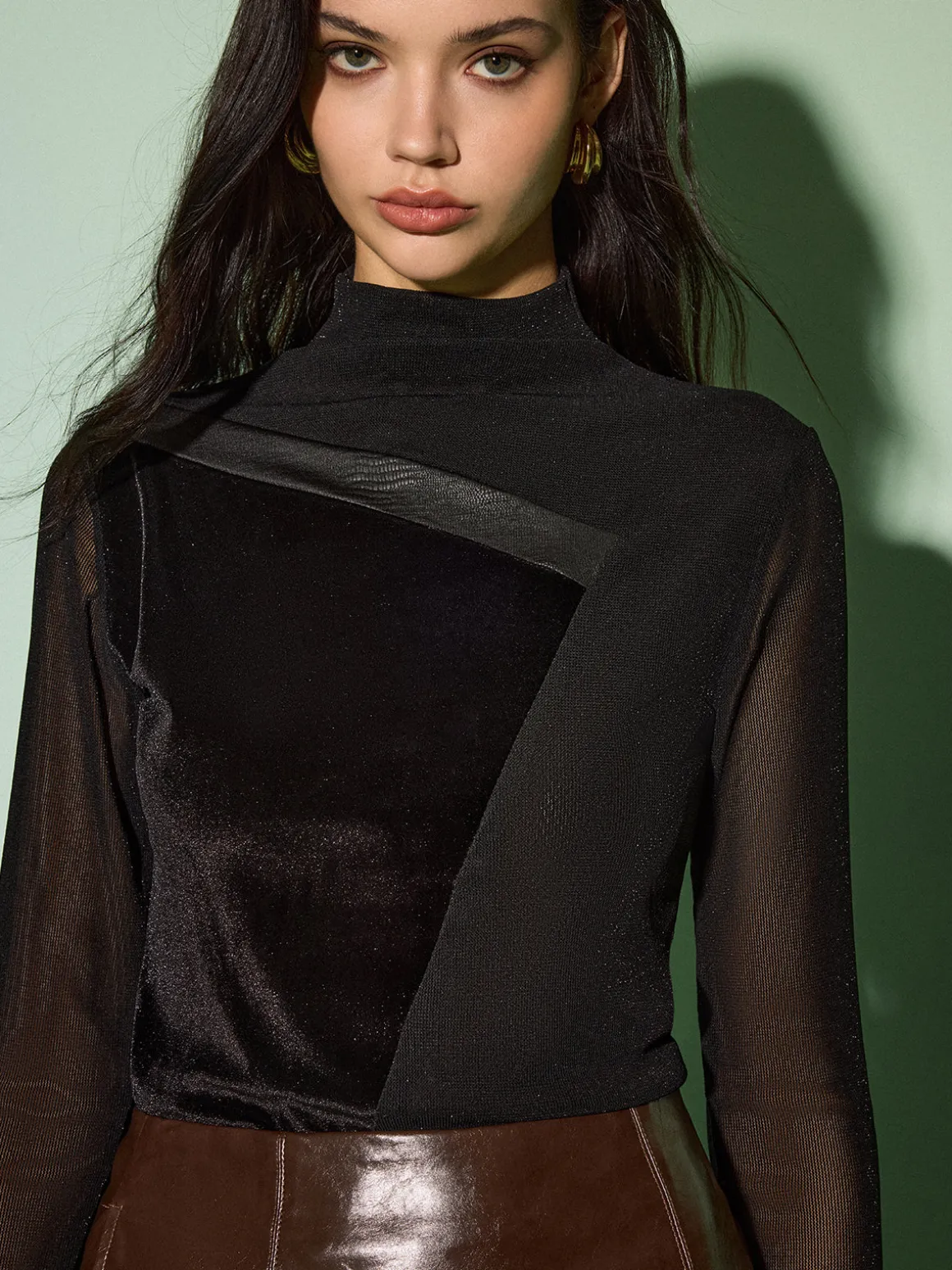 Mock Neck Velvet Mesh Slim Top