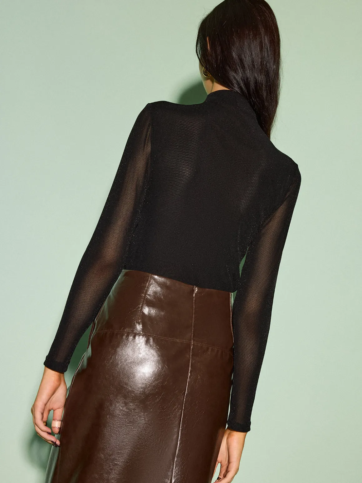 Mock Neck Velvet Mesh Slim Top