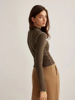 Mock Neck Wave-Piping Jersey Top
