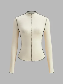 Mock Neck Wave-Piping Jersey Top