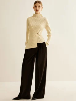 Mock-Neck Ribbed Cinched Sweater