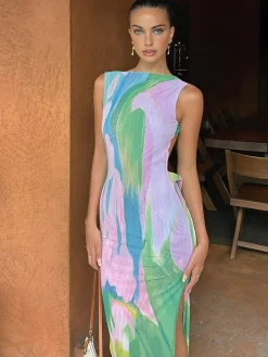 Monet Garden Print Sleeveless Long Dress