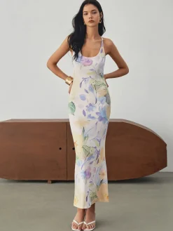 Multi Floral Print Backless Long Dress