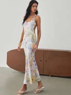 Multi Floral Print Backless Long Dress