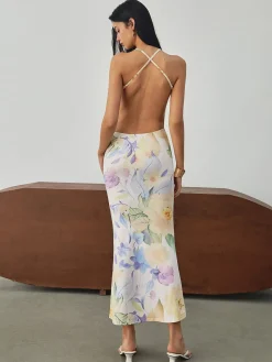 Multi Floral Print Backless Long Dress