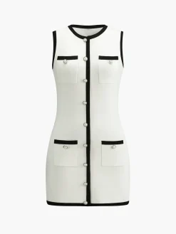 Multi Pocket Button Sleeveless Short Sweater Dress