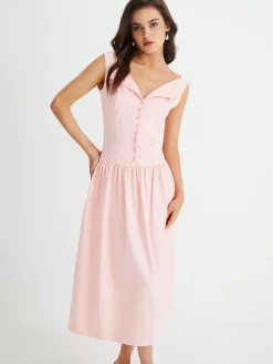 Multi-Button Sleeveless Pleated Midi Dress