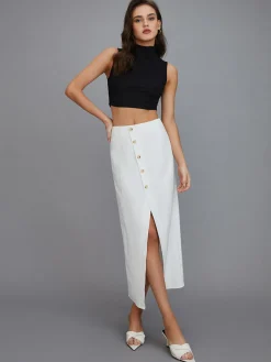 Multi-Button Split Middle Waist Maxi Skirt
