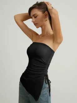 Oblique Drawstring Mesh Cover Up Tube Top