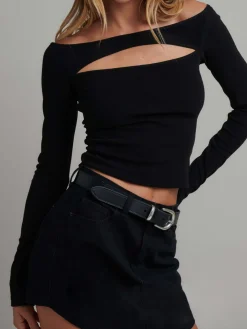 Off Shoulder Cutout Long Sleeve Crop Top
