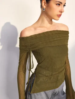 Off Shoulder Drawstring Blouse