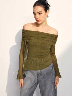 Off Shoulder Drawstring Blouse