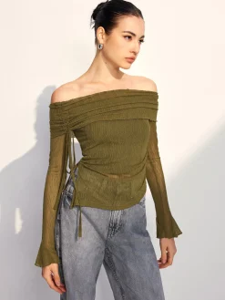 Off Shoulder Drawstring Blouse