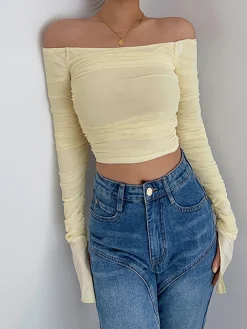 Off Shoulder Mesh Crop Shirt