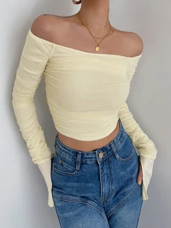 Off Shoulder Mesh Crop Shirt