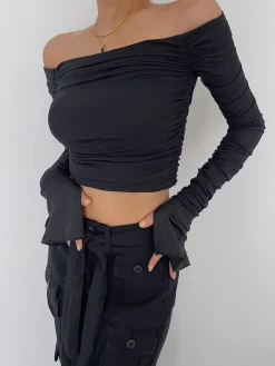 Off Shoulder Mesh Crop Shirt