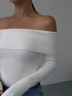 Off Shoulder Overfold Long Sleeve Knit Top