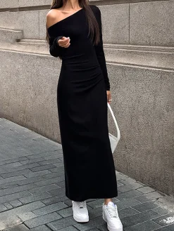 Off Shoulder Ribbed Long Sleeve Knit Long Dress