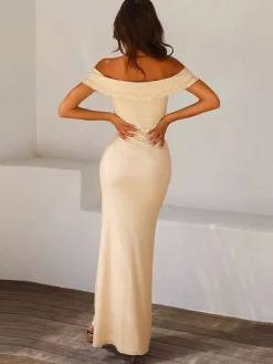 Off Shoulder Ruffle Satin Long Dress