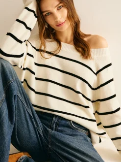 Off Shoulder Striped Pullover Sweater