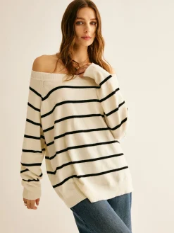 Off Shoulder Striped Pullover Sweater