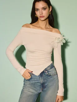 Off-Shoulder Asymmetrical Floral T-Shirt