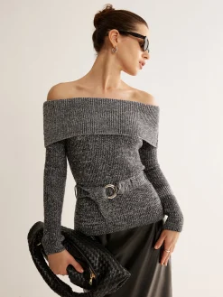 Off-Shoulder Belted Sweater