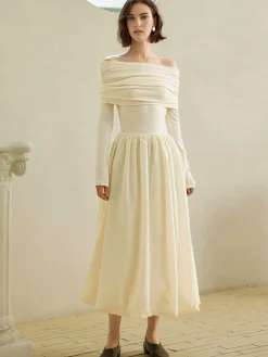 Off-Shoulder Bud Waist Pleated Knit Dress